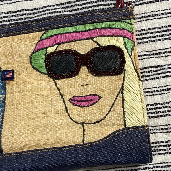 Ralph Lauren Straw & Denim Embroidered Wristlet with Pink and Green Accents - Picture 3 of 6